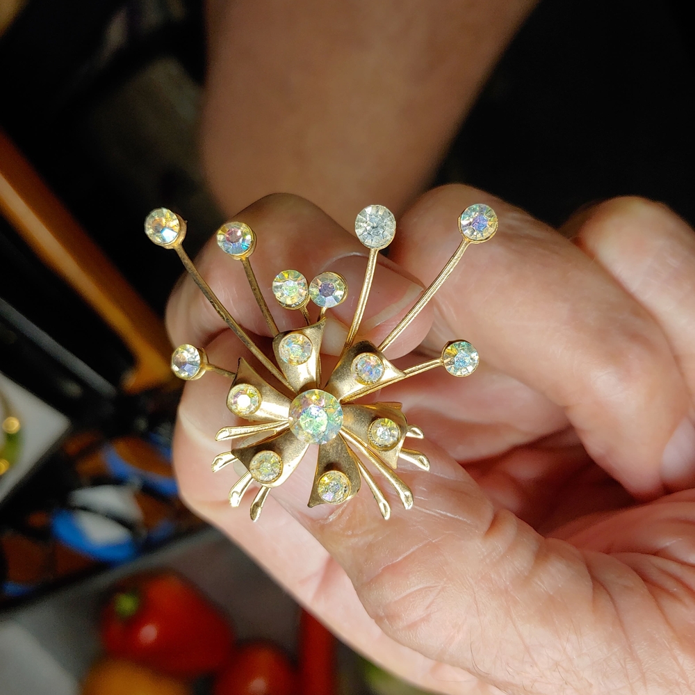 Elegant Goldtone Aurora Borealis Crystal Vintage Brooch